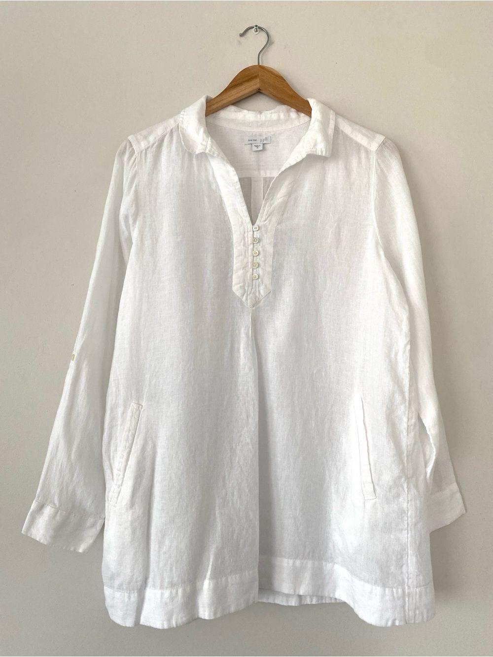 J. Jill White 100% Linen Button-Placket Tunic Rolle Up Sleeves Sz M Oversized